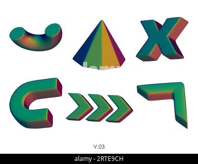 Realistisches 3D-Rendern geometrischer Figuren. Mattschwarze Designelemente. Bunte dekorative Vektorformen. Pyramide, Pfeile, Kreuz, Torushälfte. Vektor i Stock Vektor