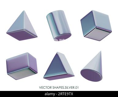 Realistische 3D-Rendering-Silberfiguren. Design-Objekte aus grauem Platin-Metall. Dekorative geometrische Vektorformen. Würfel, Kegel, Zylinder, Pyramide. Isolieren Stock Vektor