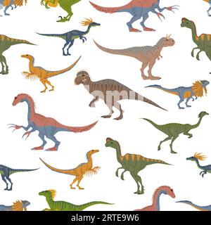 Zeichentrick-Dinosaurier-Charaktere Vektor nahtlose Muster. Prähistorischer Dino-Monster-Hintergrund. Dinosauriertiere, lustiger Velociraptor, oviraptor, dilophosaurus und Carnotaurus, Kompi und Patchi im Hintergrund Stock Vektor