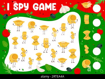Italienische Pasta-Charaktere, die ich Spionage, Vektor-Arbeitsblatt. Puzzle-Quiz oder mathematisches Spiel mit süßen Makkaroni- oder Nudelfiguren. Kinder rätseln mit lustigen Farfalle, Fusilli, Conchiglie, Rigatoni und Lumache Pasta Stock Vektor