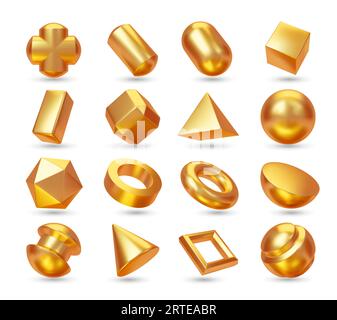 Goldene geometrische 3D-Formen. Würfel, Pyramide, Kugel oder Kugel, Ikosaeder und Torus, Kegel, Hemisphäre und Kreuz goldene Metall Vektorfiguren, Geometrie metallische oder glänzende Bronze isolierte Primitive Set Stock Vektor