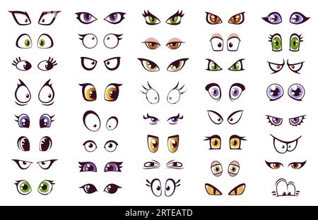 Isolierter Vektorsatz für Cartoon-Augen. Comic-Look, der verschiedene Emotionen ausdrückt. Sammlung von freundlichen, wütenden, überraschten und verdächtigen, liebevollen, wow- oder langweiligen Augen für Charaktere und Personages Stock Vektor