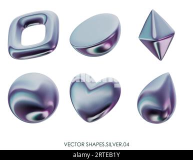 Realistische 3D-Rendering-Silberfiguren. Design-Objekte aus grauem Platin-Metall. Dekorative geometrische Vektorformen. Kristall, Kugel, Halbkreis, Herz, dr. Stock Vektor