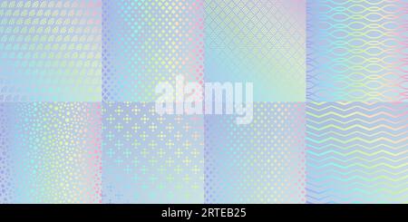 Hologramm-Texturmuster, Glitzerfolie mit Regenbogen, Vektornahtlose Hintergründe. Auffallendes Geschenkpapier mit Metallverlaufsverzierung. Leuchtendes Dekorpapier mit geometrischer Irisierung Stock Vektor