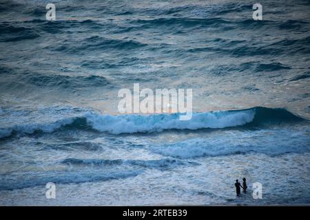 In der Abenddämmerung spielen Paare in den Wellen des Ozeans am Riviera Beach in Florida, USA; Riviera, Florida, Vereinigte Staaten von Amerika Stockfoto