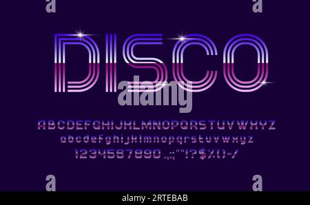 Disco DJ Musik Schriftart, Schrift, modernes Alphabet, Zeichen und Zahlen. Vintage-Vektorbuchstaben mit Ziffern und Symbolen mit violettem Verlauf und drei Streifen mit Funken. Neonleuchtendes fluoreszierendes abc Stock Vektor