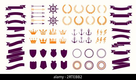 Vintage-Emblem, Siegel, Lorbeerkranz und Krone, Retro-Pfeil und -Etikett, Anker und Schild Design-Elemente, isolierte Vektor mittelalterliche Heraldik, Navigation und royale Dekoration Ikonenset Stock Vektor