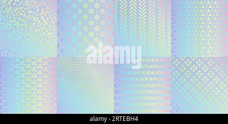 Hologramm-Texturmuster, Glitzerfolie mit Regenbogen. Vektorverlaufsschillernde Hintergründe eingestellt. Leuchtender, trendiger, mehrfarbiger, leuchtender dekorativer, nahtloser dekorativer Hintergrund, Geschenkpapier, Tapete Stock Vektor