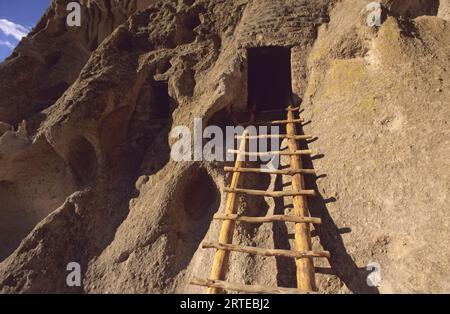 Die Leiter führt zu einer alten indianischen Klippenwohnung im Bandelier National Monument, New Mexico, USA; New Mexico, USA Stockfoto