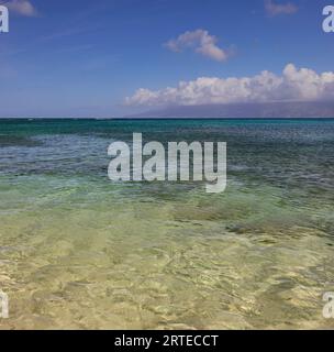 Atemberaubender Blick auf das klare, transparente Wasser des Pazifischen Ozeans mit verschiedenen Grün- und Türkistönen unter blauem Himmel Stockfoto