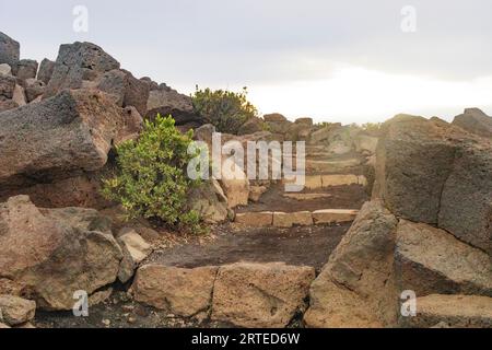 Wanderweg mit Stufen aus vulkanischem Felsen, die Klippen in der rauen Landschaft von Haleakala bilden, mit grünen Sträuchern, die zwischen den... Stockfoto