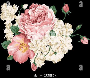 Schöne Vektor Hand gezeichnete Illustration mit Rose, Pfingstrose und Jasmin Blumen Stockfoto