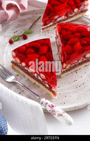 Schokoladenkuchen mit Gelee und wilden Erdbeeren Stockfoto