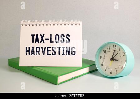 Geschäftskonzept. Auf einer grünen Oberfläche ist ein Taschenrechner, ein Mann zeigt mit einem Stift auf ein Notizbuch mit der Aufschrift "Steuerverluste" Stockfoto