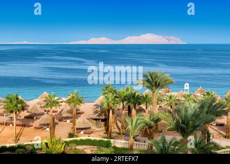 Blick auf den tropischen Strand mit Palmen, Sonnenschirmen und tropischem Meer, im tropischen Resort in Sharm el Sheikh, Ägypten. Stockfoto
