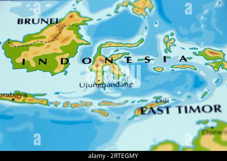 Weltkarte oder atlas von asien Kontinent und indonesien Land brunei und osttimor in Nahaufnahme Stockfoto