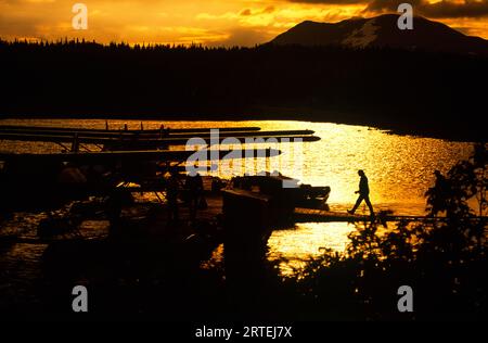 Silhouette aus Landschaft und Mensch auf einem Dock, der auf ein Schwimmflugzeug im Wood-Tikchik State Park, Alaska, USA, und Alaska, USA, zusteuert Stockfoto