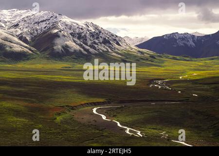 Polychrome Pass und Polychrome Mountain, 46,5 km vom Denali National Park and Preserve, Alaska, USA; Alaska, Vereinigte Staaten von Amerika Stockfoto