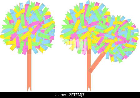 Ein Set aus 2 abstrakten, farbenfrohen Bildern eines Baumes, die von Büroaufklebern aus Papier in verschiedenen Formen in trendigen, hellen Farben gesammelt wurden. Isolieren. Vektordesign für Poster, Banner, Broküre, Gruß oder Einladung Stock Vektor