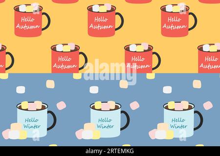 Set aus 2 endlosen Mustern mit Tassen, warmem Getränk, Marshmallow und saisonalen Schriftzügen in trendigen hellen Farben. Isolieren. EPS. Vektordesign für Verpackung, Poster, Banner, Grüße oder Karten, Preis, Etikett Stock Vektor