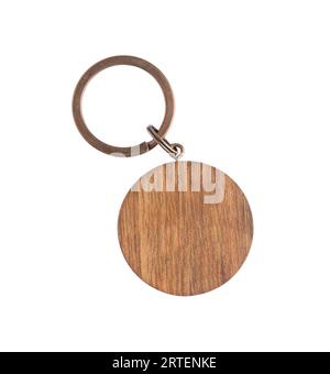 Schlüsselanhänger aus Holz isoliert auf weiß, Draufsicht Stockfoto