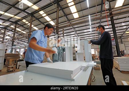 Luannan County - 10. Mai 2019: Arbeiter sind beschäftigt auf der Produktionslinie in der Fabrik, Luannan County, Provinz Hebei, China. Stockfoto