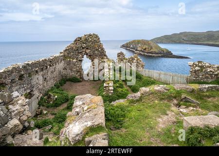 Duntulm Castle Ruinen mit Blick auf die Duntulm Bay auf der Isle of Skye Stockfoto