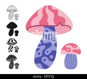 Pilz stilisiert Retro-Hippie-Porcini-Set. Farbige, silhouettenförmige oder symbolträchtige Doodle-Tätowierung, verzierte Speisepilze. Psychedelic Fantastic Pilz Aufkleber Retro Alchemie Vektor Sammlung Stock Vektor