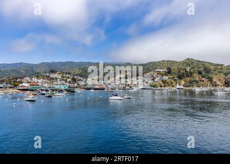 USA, Kalifornien, Catalina Island, Avalon, Blick auf den Hafen von Avalon und die Stadt an der Küste Stockfoto