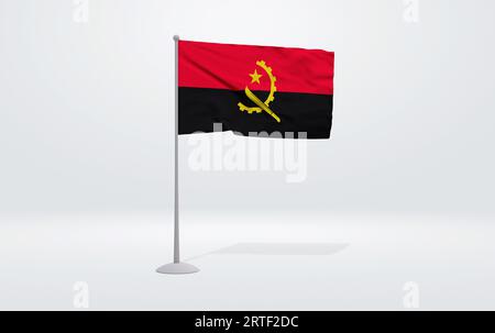 3D-Illustration einer angolanischen Flagge, die auf einem Fahnenmast und einer Studiokulisse im Hintergrund verlängert wurde. Stockfoto