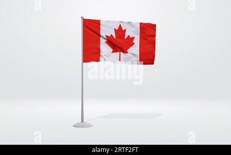 3D-Illustration einer kanadischen Flagge, die auf einem Fahnenmast und einer Studiokulisse im Hintergrund verlängert wurde. Stockfoto