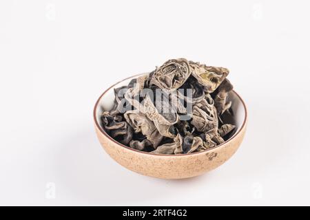 Trockener schwarzer Pilz, chinesischer schwarzer Pilz oder Baum-schwarzer Muer-Pilz. Stockfoto