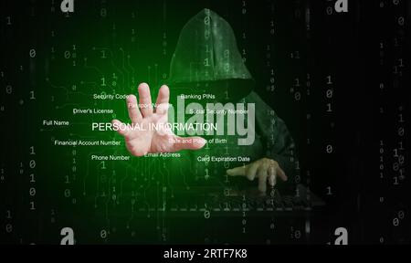 Ein Hacker hinter binärem Code, Datenstrom, der in der Lage ist, die Cyber-Sicherheit zu durchbrechen und seine Hand nach außen zu greifen, um Ihre persönlichen Daten zu stehlen Stockfoto