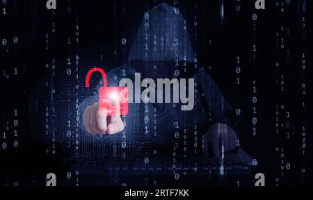 Ein Hacker hinter binärem Code, einem Datenstrom, ist in der Lage, ihn zu durchbrechen und die Cybersicherheit zu aktivieren. Konzept der Cyberkriminalität Stockfoto
