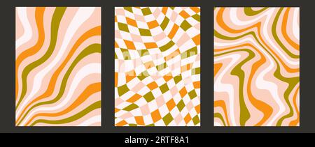 Groovende Poster mit psychedelischen Mustern. Wellige Linien, Schachbrettmuster und sonnendurchflutete Hintergründe. Farbenfrohe Retro-Kollektion mit flüssigem Design. Verzerrte Vintage-Tapeten. Vector Funky Background Pack Stock Vektor