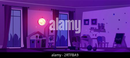 Nachtschirmspielzimmer mit Möbeln. Vektor-Zeichentrickillustration des dunklen Kinderzimmer-Klassenzimmers mit Nachtlicht an der Wand, kleinen Holztischen und -Stühlen für Kinder, Spielzeug auf Regal, Tafel, Kugel Stock Vektor