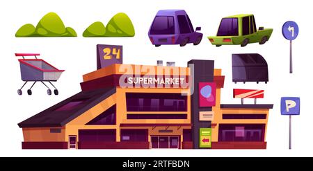 Supermarkt Parkplatz Cartoon Vector Set - Fassade des großen Supermarktes, geparkte Autos, Parkplatz Schilder und grüne Büsche für das Außendesign des Geschäfts. Eingang zum Ladengebäude mit urbanen Elementen im Freien. Stock Vektor