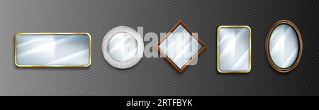 Spiegeln Sie realistische 3D-Rahmen mit Lichtreflexionen auf der Glasoberfläche. Vektor-Illustration Set aus runden, ovalen und rechteckigen Inneneinrichtung mit Holz, Silber und goldenen Metallrahmen. Stock Vektor