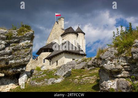 Blick auf die Burg Bobolice - königliche Burg aus dem 14. Jahrhundert im Dorf Bobolice, Polnischer Jura, Polen Stockfoto