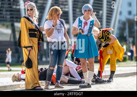 Geek-Gemeinschaft von erstaunlichen Cosplayern Party an einem sonnigen Tag Stockfoto