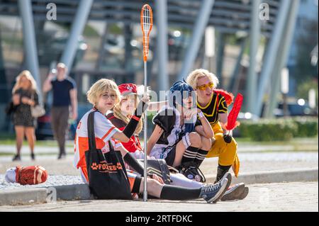 Geek-Gemeinschaft von erstaunlichen Cosplayern Party an einem sonnigen Tag Stockfoto