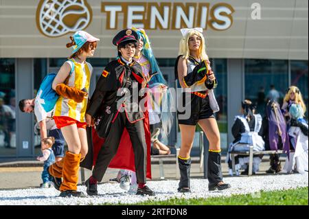 Geek-Gemeinschaft von erstaunlichen Cosplayern Party an einem sonnigen Tag Stockfoto