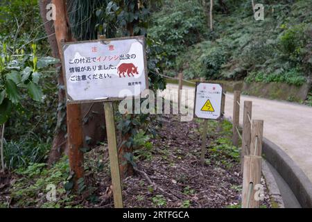 Kagoshima, Japan. März 2023. Schilder warnen Naturliebhaber vor Gefahren, die von wilden Bohrlöchern und Schweinen auf einem Wanderweg ausgehen. (Bild: © Taidgh Barron/ZUMA Press Wire) NUR REDAKTIONELLE VERWENDUNG! Nicht für kommerzielle ZWECKE! Stockfoto