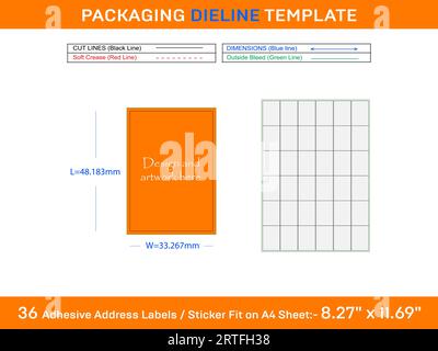 36 Adhäsive Adressetiketten Stanzvorlage 48,183 x 33 mm. 267 mm Stock Vektor