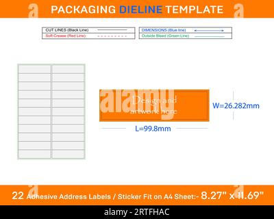 22 Adhäsive Adressetiketten Stanzvorlage 99,8 x 26,282mm Stock Vektor