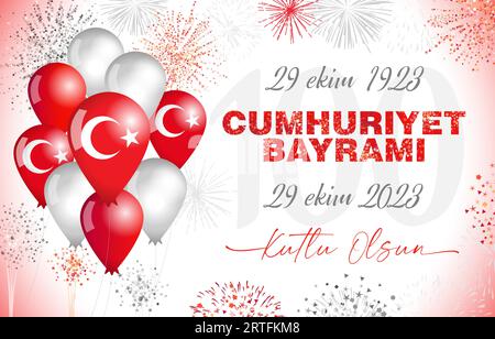 Türkischer Text, Übersetzung ist 29 Ekim 1923, 29 Ekim 2023 bedeutet 29. Oktober 1923, 29. Oktober 2023. CUMHURIYET BAYRAMI bedeutet republikanischer Tag. Stock Vektor