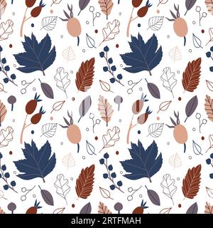 Nahtloses Vektormuster mit Blättern und Beeren in gemütlichen Farben. Handgezeichneter Vektorhintergrund für Scrapbooking, Textil- oder Buchumschläge, Tapeten Stock Vektor