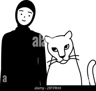 Die muslimische Frau streichelt eine Löwin, Vektor-Illustration Stock Vektor