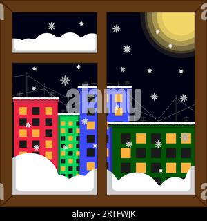 Wunderschöner Winterblick aus verschneiten Fenstern auf die Nachtstadt mit mehrstöckigen Gebäuden und mehrfarbigen Gebäuden. Schneeflocken fallen vor das Fenster, Blick Stock Vektor