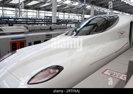 Nagasaki, Japan. März 2023. Der Kamome-Schnellzug Nishi Kyushu Shinkansen (è ¥¿ä¹å·žæ-°å¹¹ç·š) am Bahnhof Nagasaki, der Hochgeschwindigkeitszüge nach Takeo Onsen bedient. Das Kamome ist die neueste shinkansen-Netzwerkerweiterung in Japan, aber aufgrund der Opposition aus der lokalen Präfektur Saga, ist es nicht direkt mit der Hakata-Station verbunden. (Bild: © Taidgh Barron/ZUMA Press Wire) NUR REDAKTIONELLE VERWENDUNG! Nicht für kommerzielle ZWECKE! Stockfoto